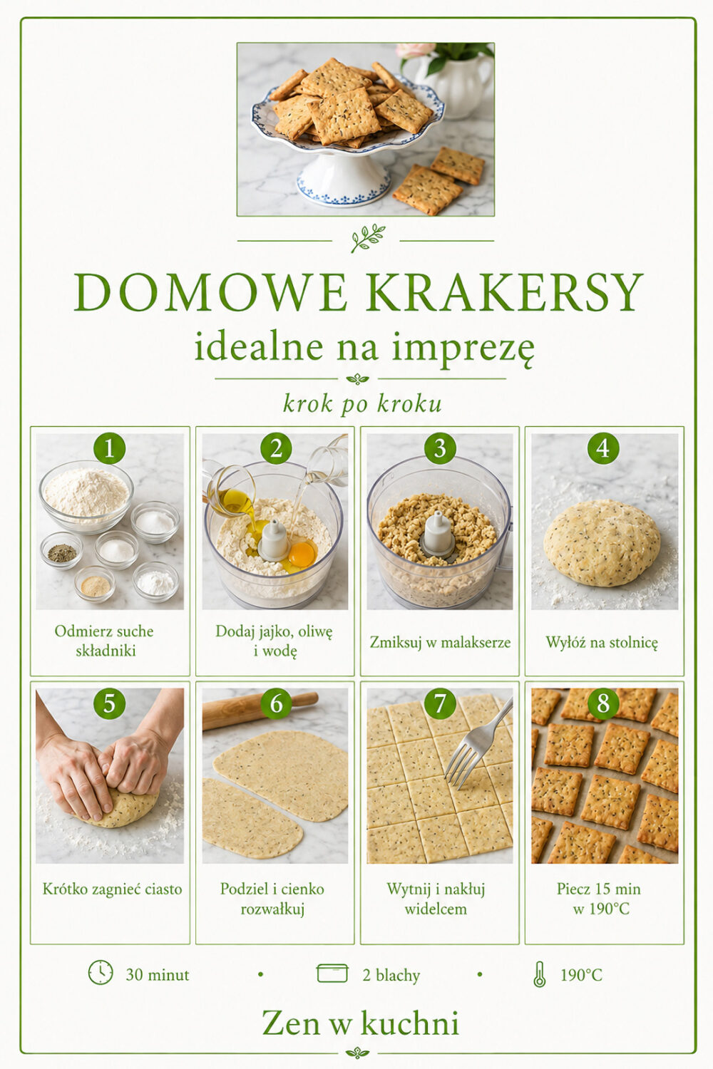 Domowe krakersy z kminkiem i czosnkiem – chrupiąca przekąska na imprezę, do dipów i na co dzień. Prosty przepis z piekarnika bez drożdży.