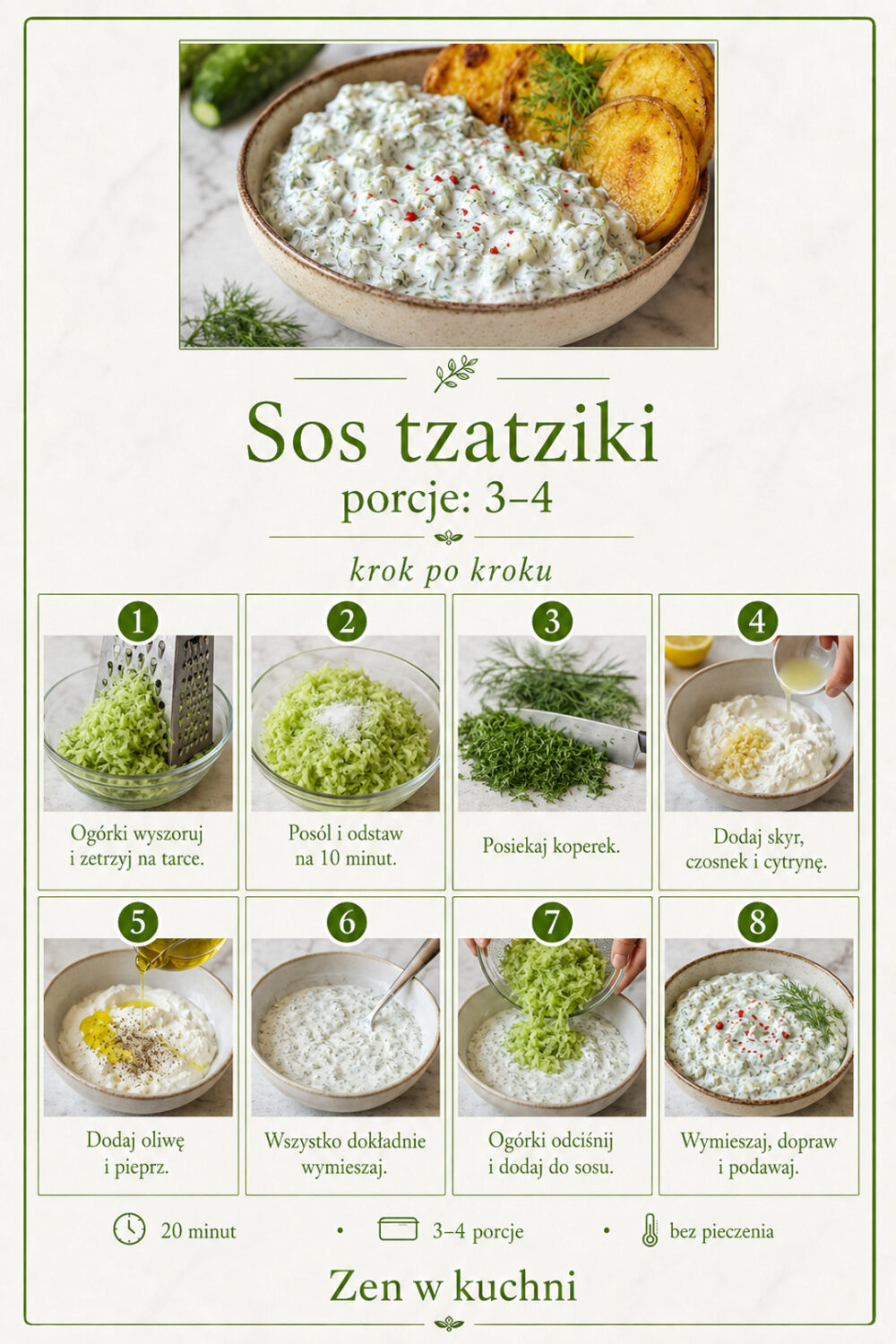 Sos tzatziki to tradycyjny grecki dip z jogurtu greckiego, ogórków, czosnku i oliwy z oliwek. Idealny jako dodatek do dań pieczonych.