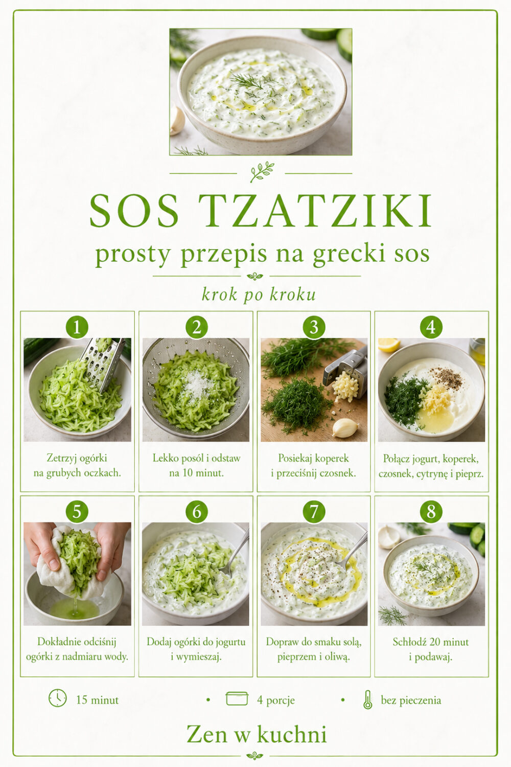 Sos tzatziki krok po kroku z jogurtem greckim, ogórkiem, czosnkiem i koperkiem