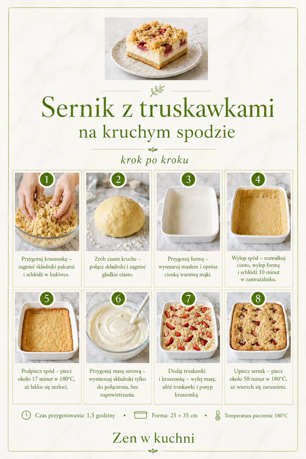 Sernik z truskawkami na kruchym spodzie - kremowy, lekki i zawsze się udaje. Idealny letni deser z maślaną kruszonką, która pogłębia smak.