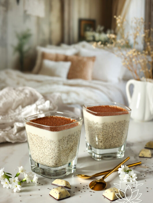 Kremowy deser chia tiramisu ze skyru i espresso. Szybki, lekki i efektowny przysmak na co dzień lub na walentynki.