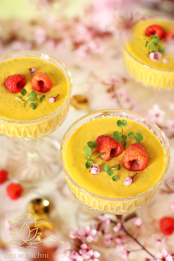 Lekki deser z chia z mango, skyrem i mlekiem, podawany z malinami. Zdrowa, szybka i pyszna propozycja na każdą porę dnia.